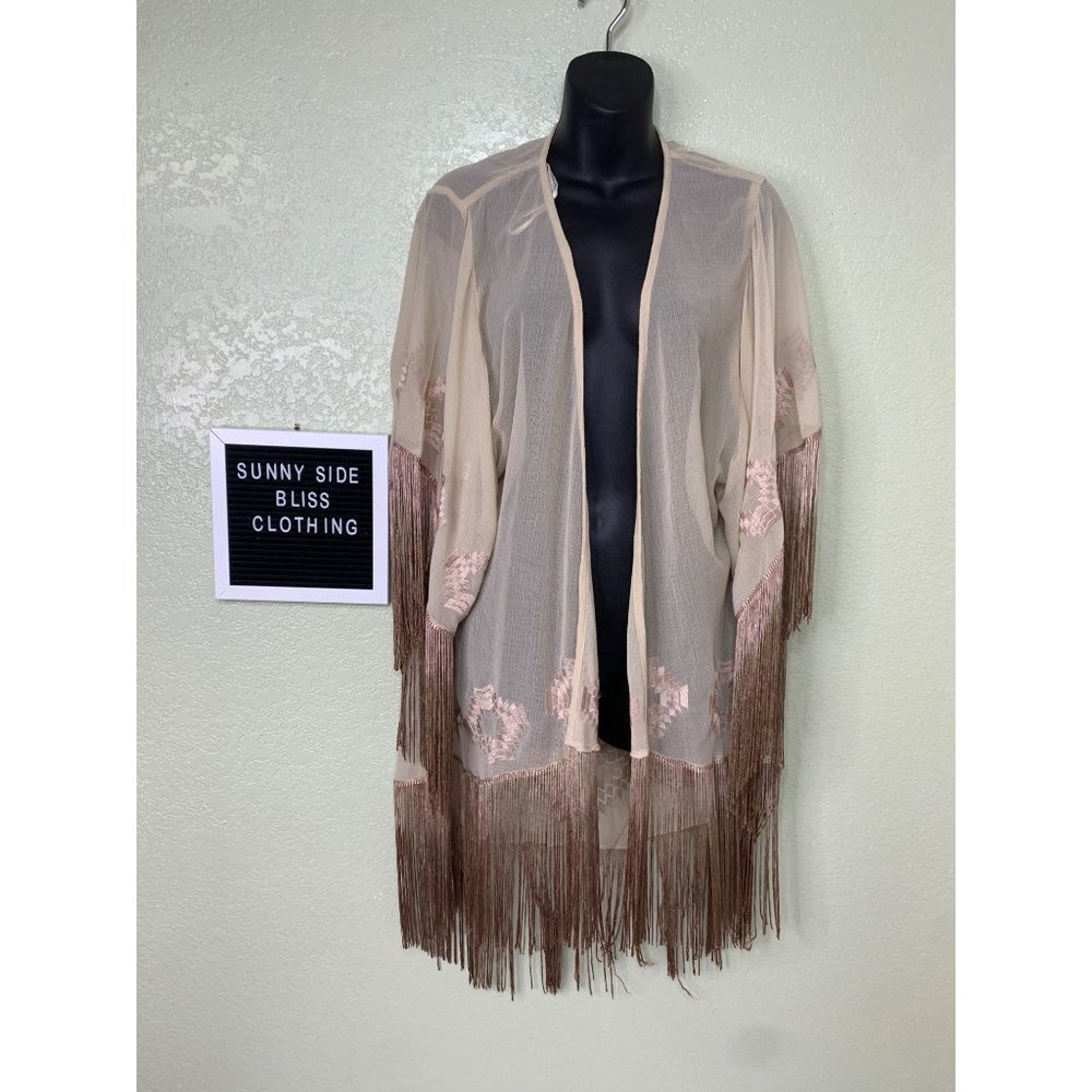 Judith March Cream Embroidered Fringe Kimono Duster Cardigan Size Medium